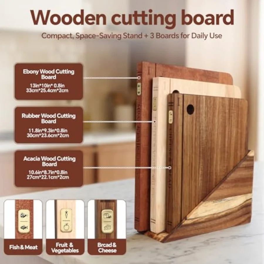 3 Piece Wood Cutting Board Set with Separated Stand