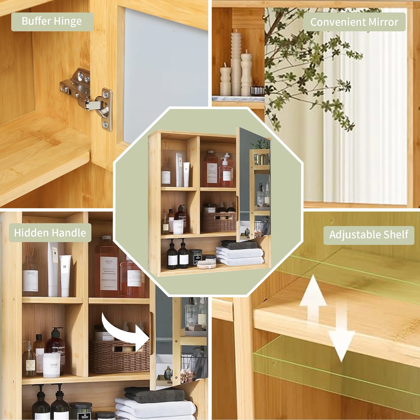 Natural Bamboo Bathroom Vanity Mirror Cabinet