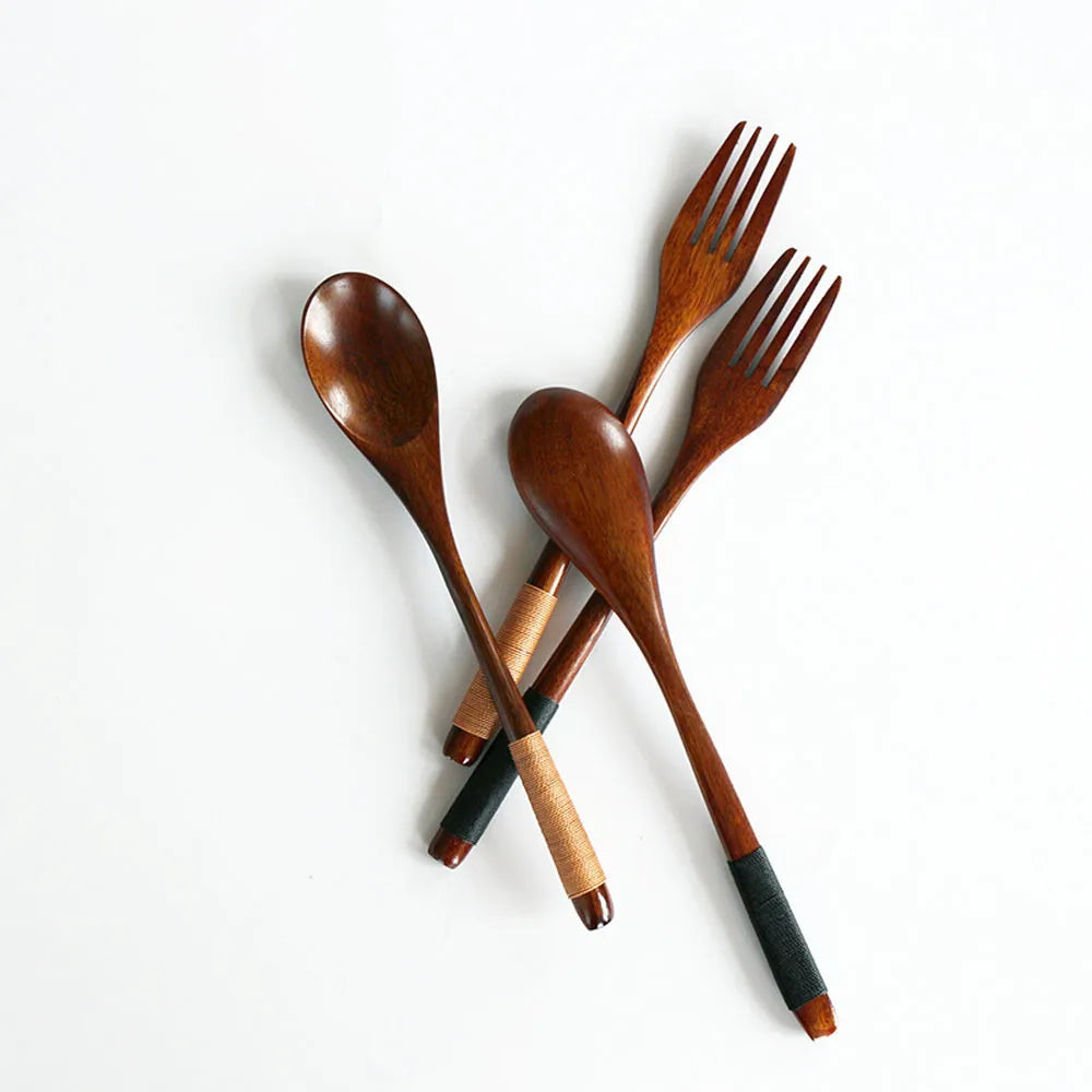 2PC Wooden Chopsticks Fork Spoon Cutlery Set