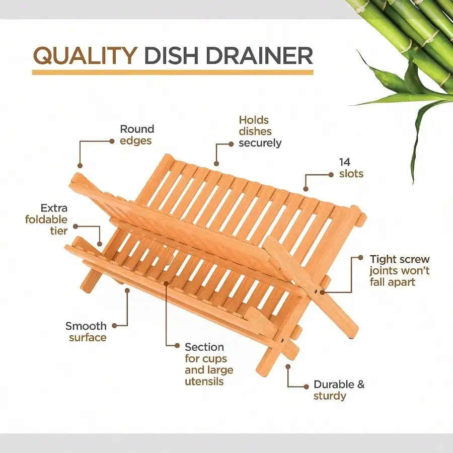 Collapsible 2Tier Bamboo Dish Rack For Kitchen Counter