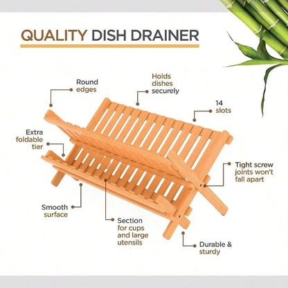 Collapsible 2Tier Bamboo Dish Rack For Kitchen Counter