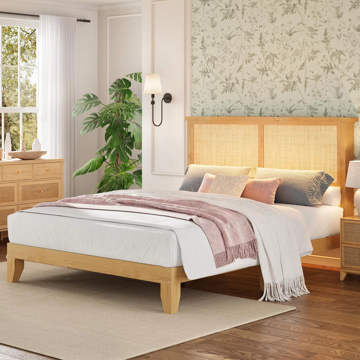 Queen Size Rattan Bed Frame with LED Lights
