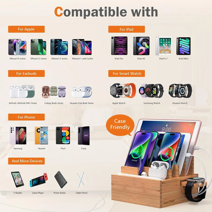 Bamboo Charging Station with 5-Port USB Hub