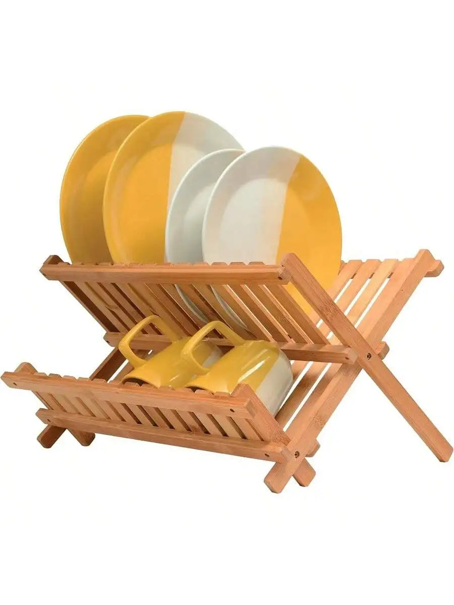 Collapsible 2Tier Bamboo Dish Rack For Kitchen Counter