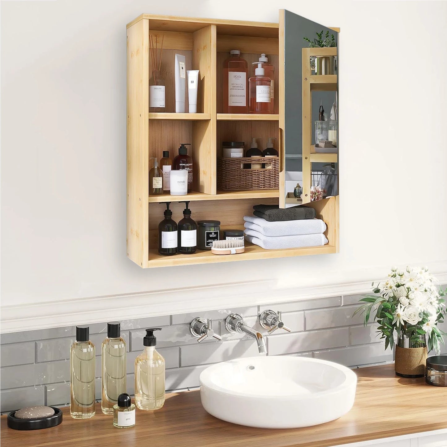 Natural Bamboo Bathroom Vanity Mirror Cabinet