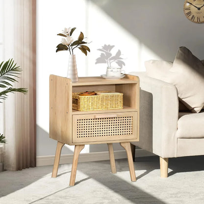 Rattan Nightstand with Drawer and Open Shelf