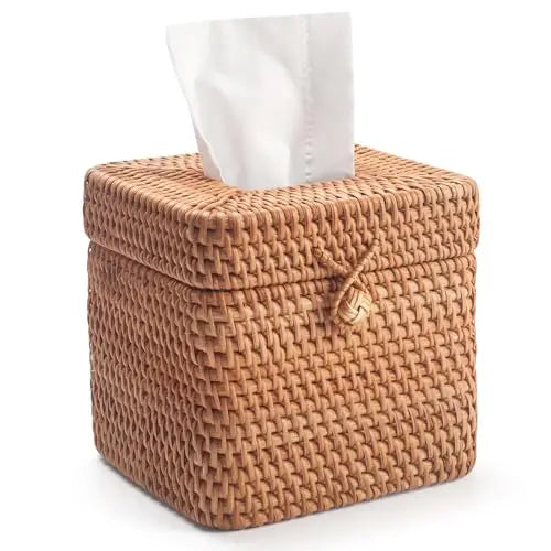 Handwoven Natural Rattan Square Tissue Box With Lid