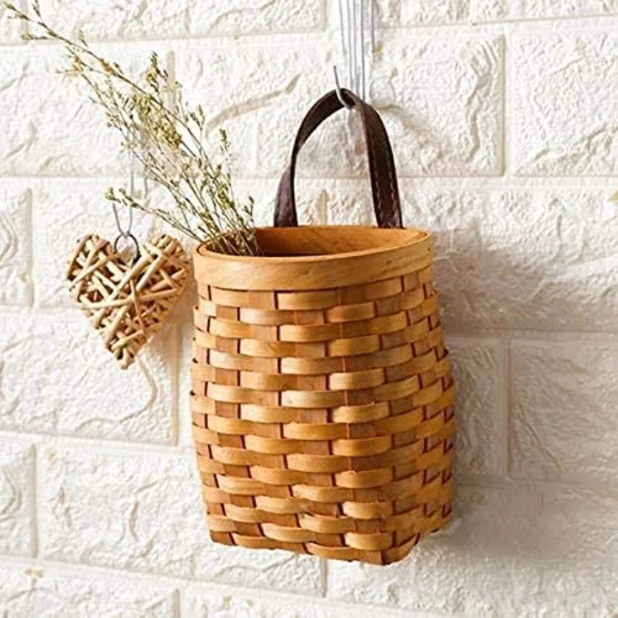 Hand-Woven Wood Storage Basket Wall Hanging