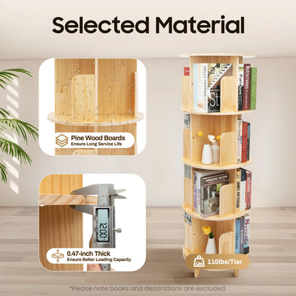 4 Tiers Freestanding Pine Wood Rotating Bookshelf