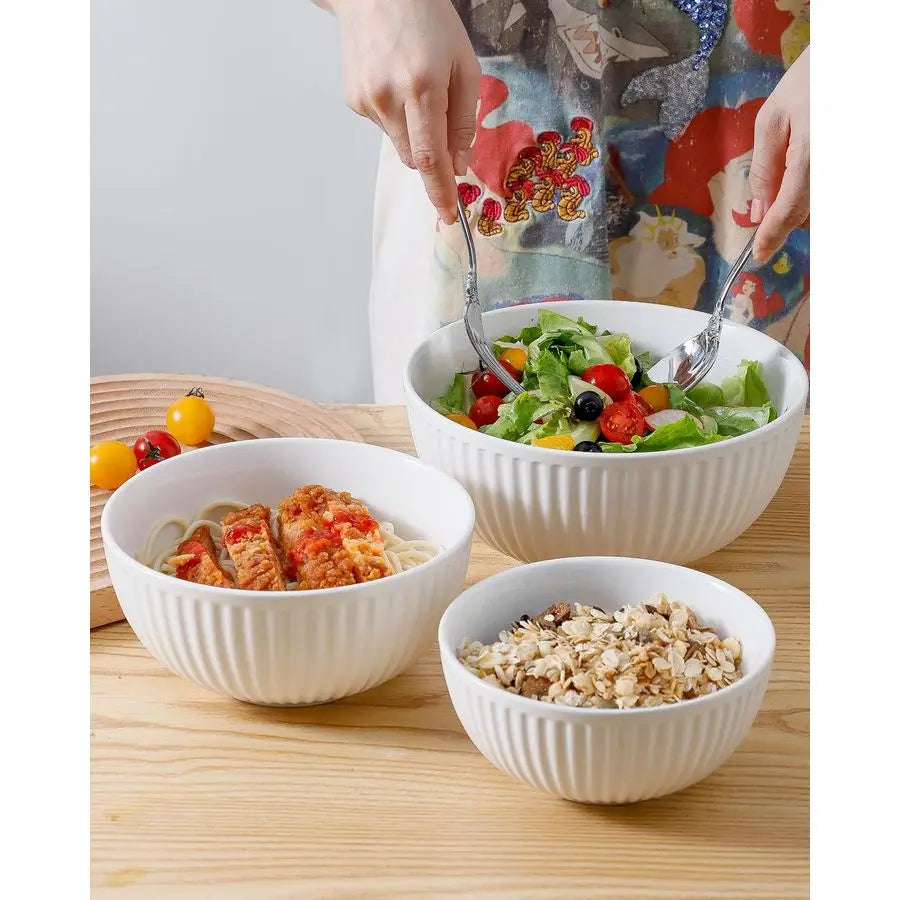 Ceramic Ribbed Nesting White Bowls