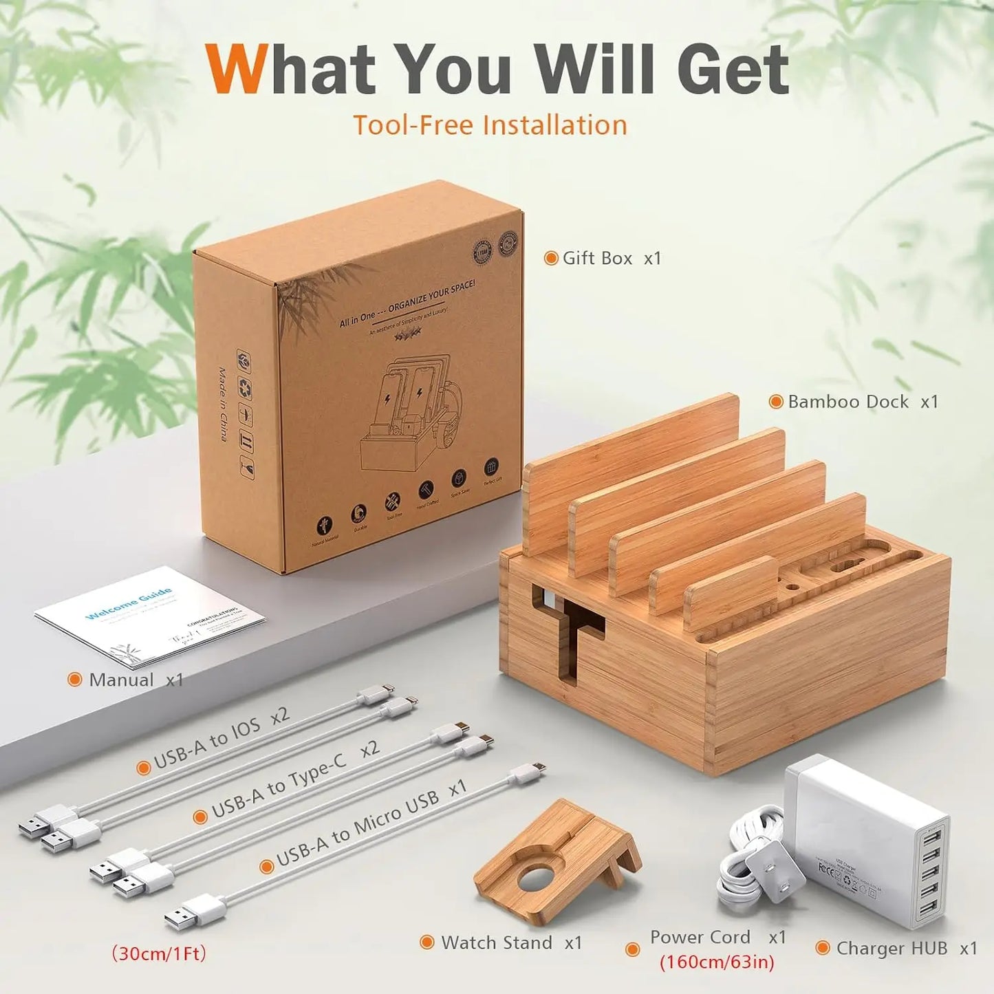 Bamboo Charging Station with 5-Port USB Hub