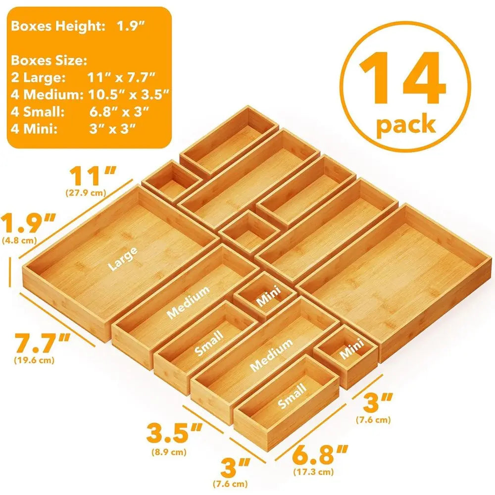 14-Piece Bamboo Drawer Organizer Storage Boxes Set