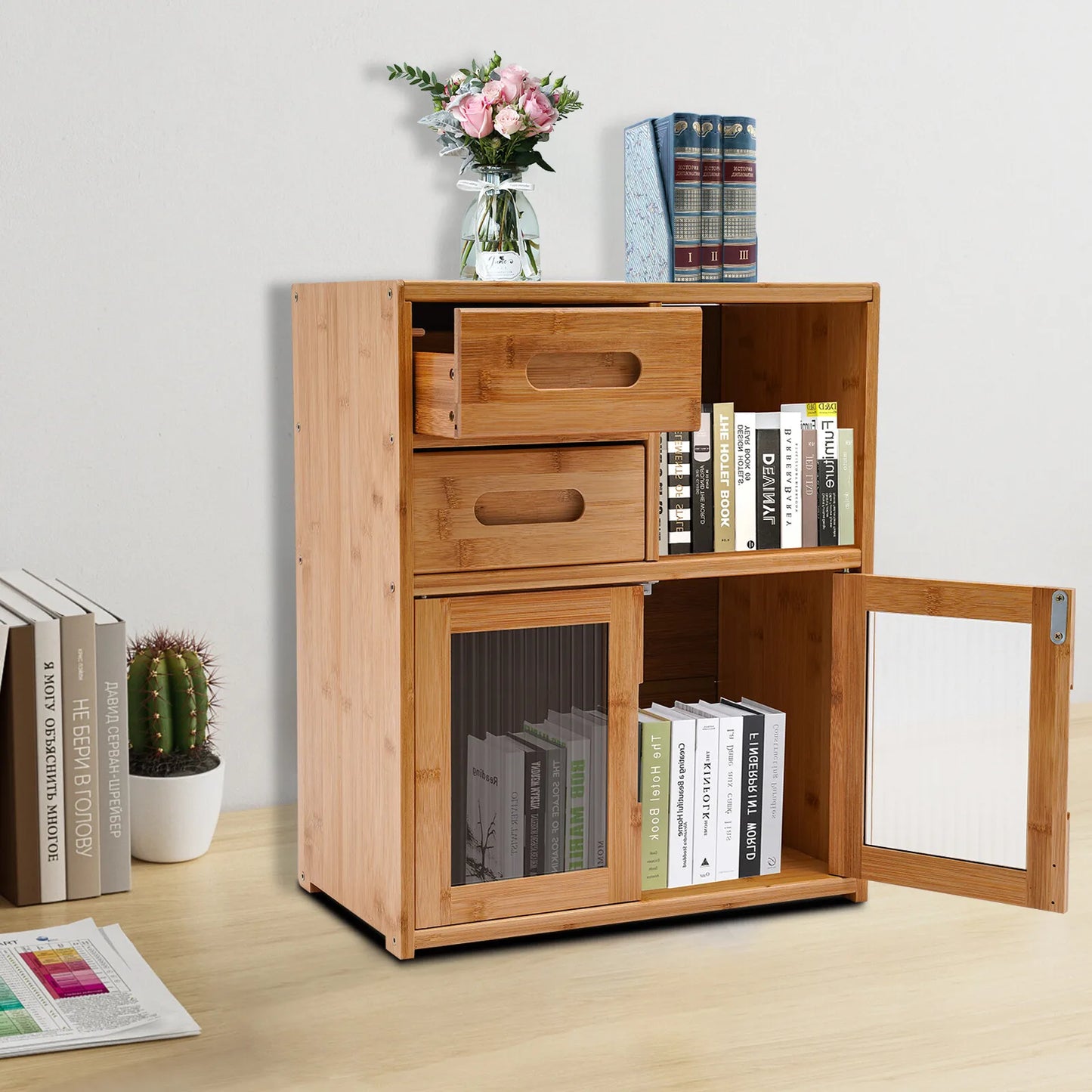 2-Tier Bamboo Kitchen Storage Cabinet with Drawers