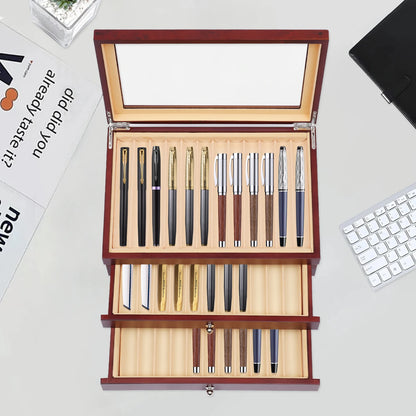 Fountain Pen Wood Leather Storage Case Organizer