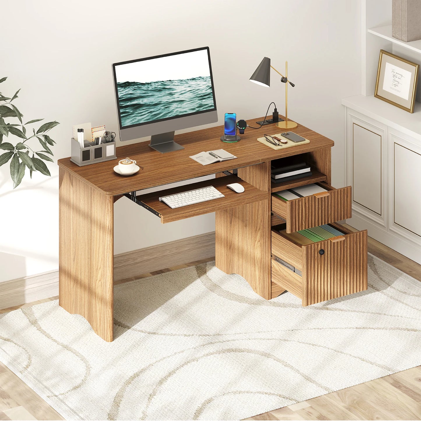 Office Desk with File Drawer & Charging Station