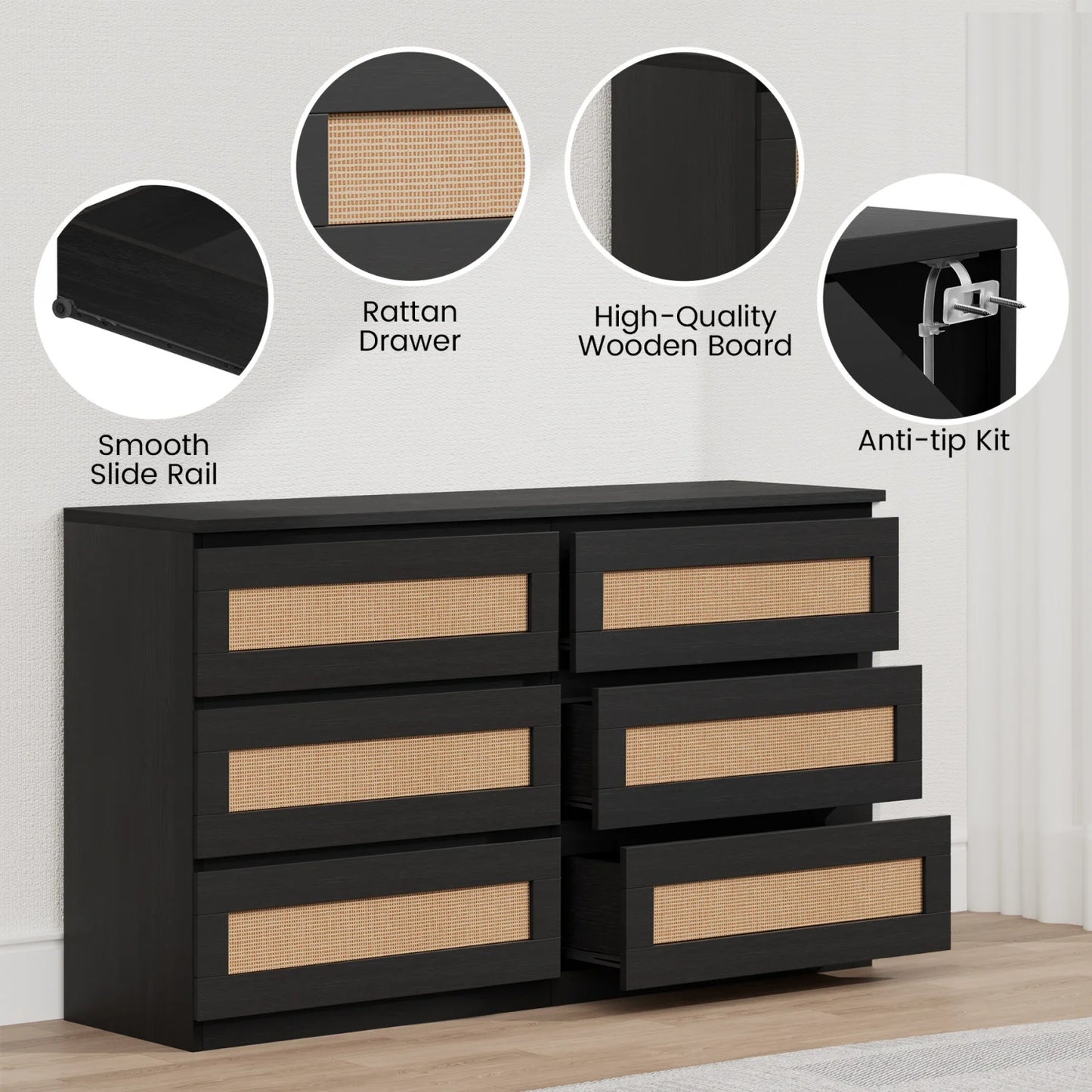 Modern Rattan 6-Drawer Dresser Storage Cabinet
