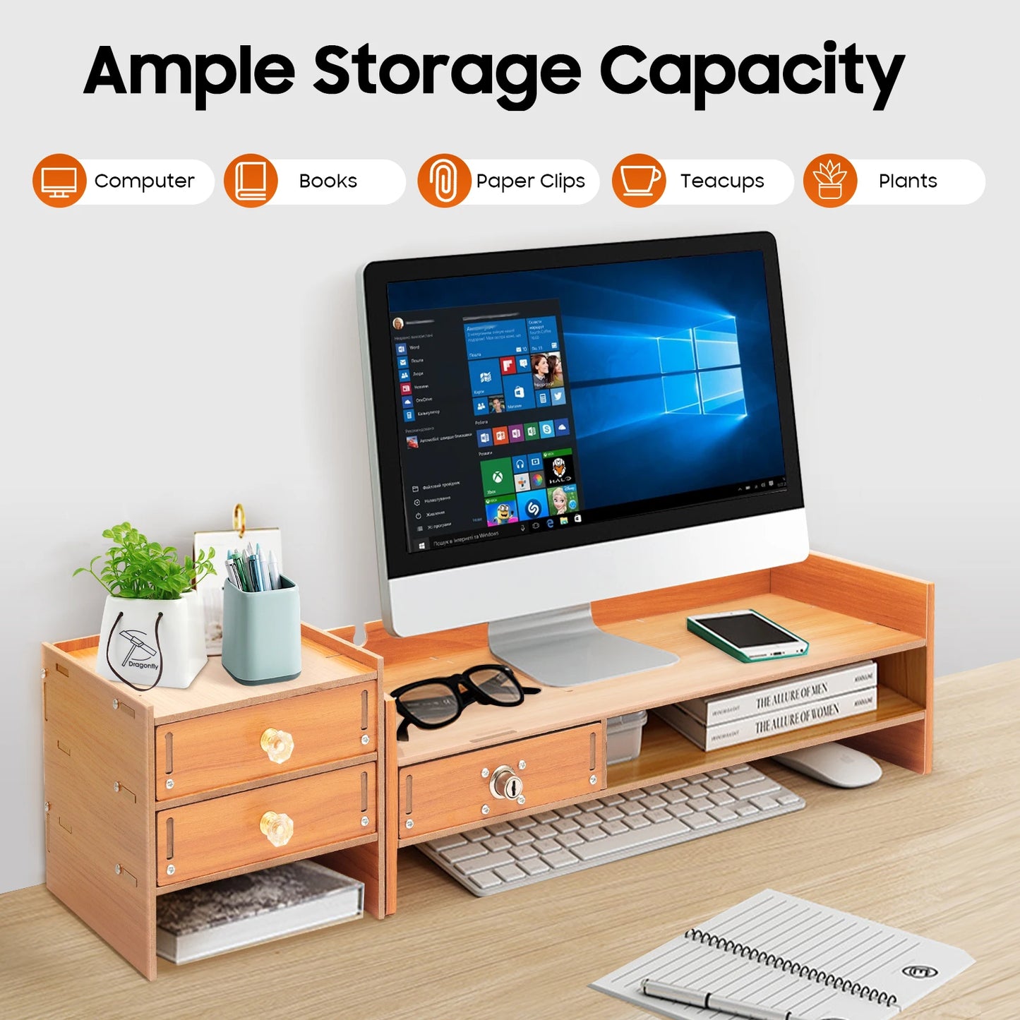 Wooden Computer Monitor Stand with Lockable Drawer