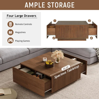 Square Coffee Table with 4 Drawers