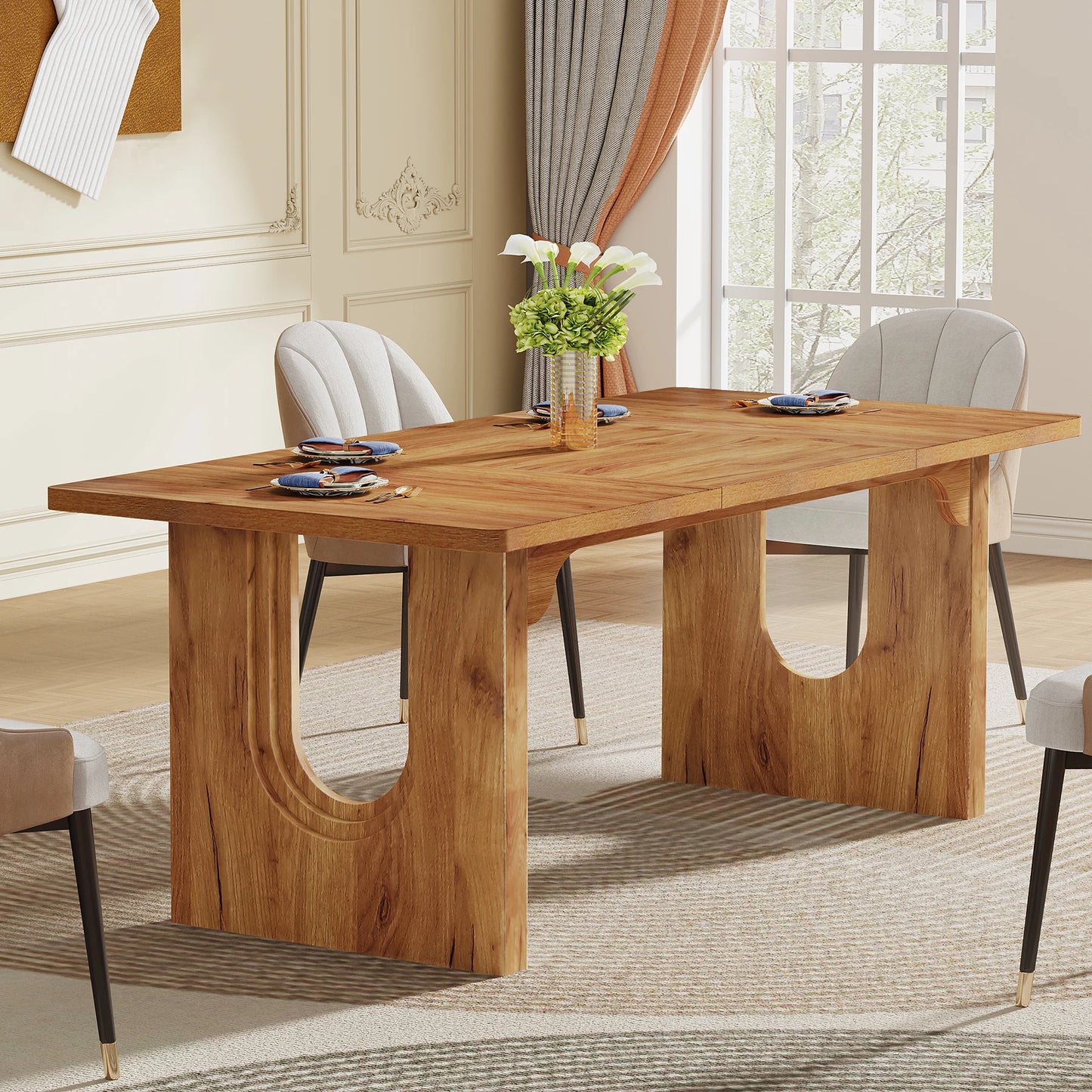 Modern Dining Table with Wood Pedestal Base,