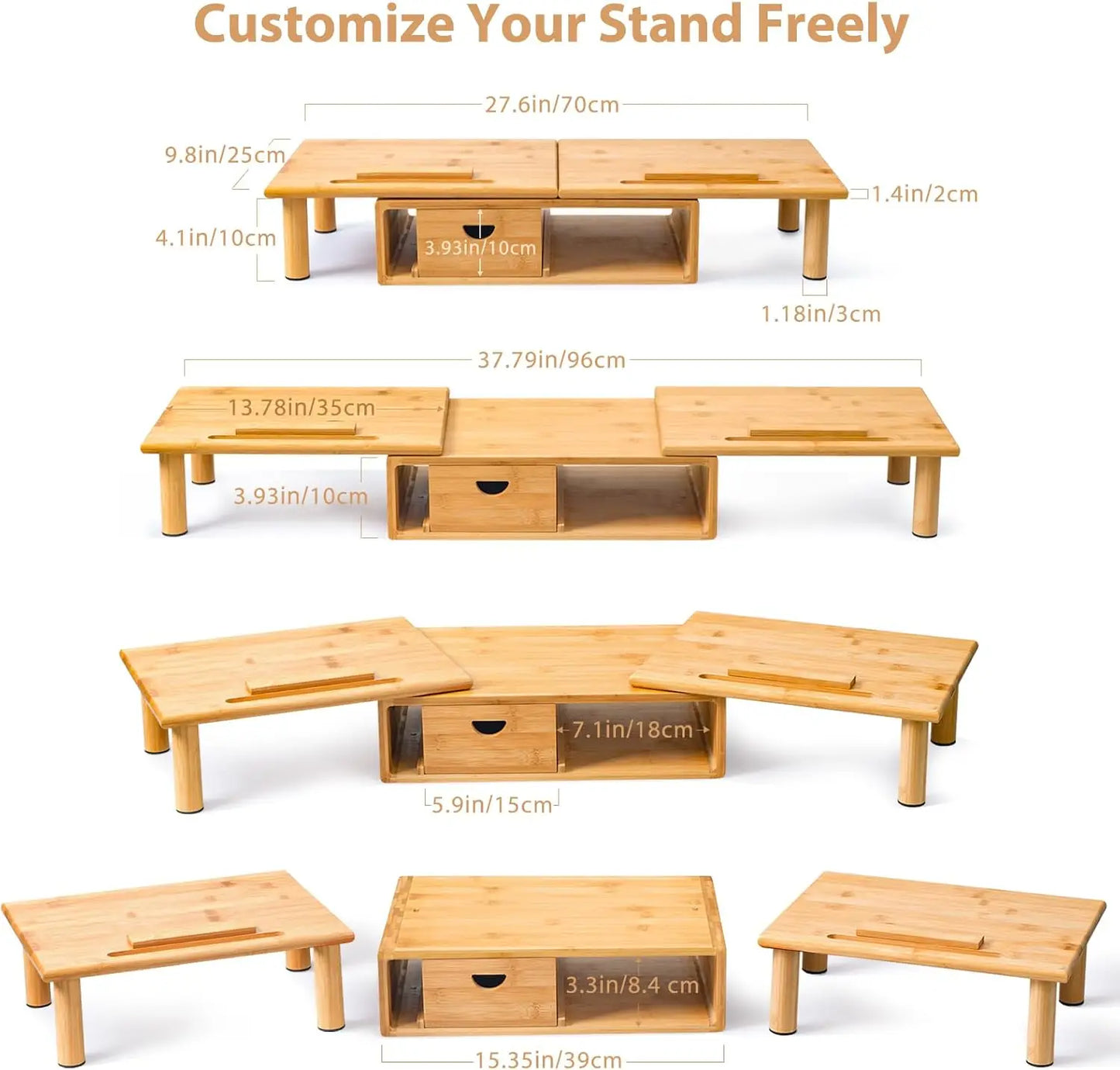 Adjustable Bamboo Monitor Stand with Drawer