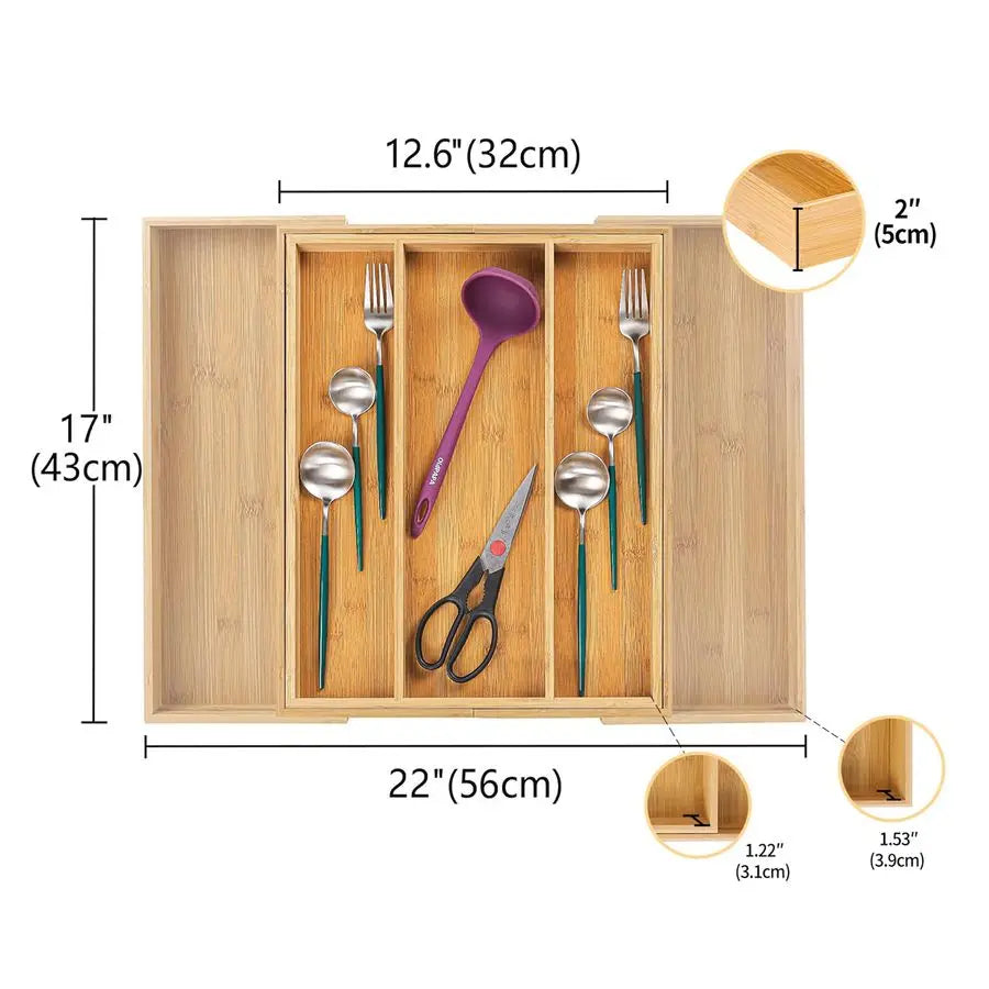 Bamboo Expandable Drawer Organizer Adjustable Utensil Holder