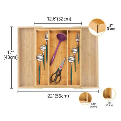Bamboo Expandable Drawer Organizer Adjustable Utensil Holder