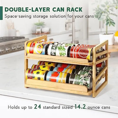 Double-Layer Rolling Bamboo Can Organizer Rack