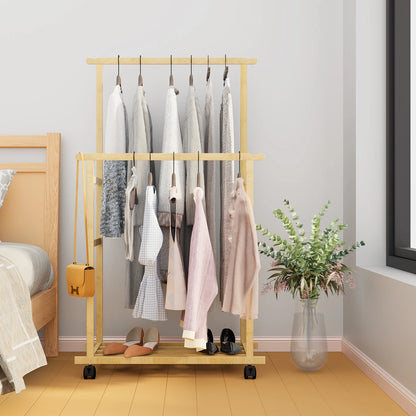 Bamboo Clothes Rail Rack on Wheels Free Standing