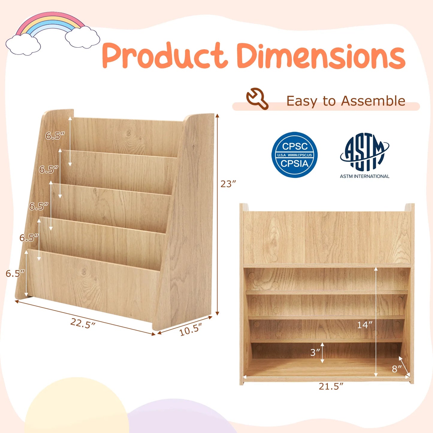 Toddlers Bookshelf Rack Deep Shelves Natural 4-tier