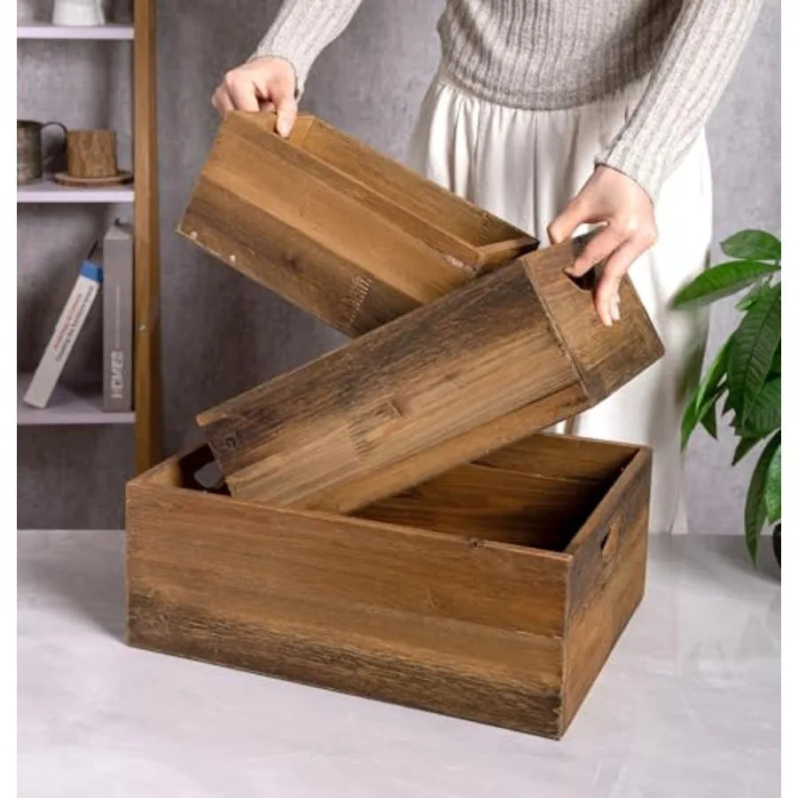 Set of 3 Rustic Distressed Wood Nesting Crates