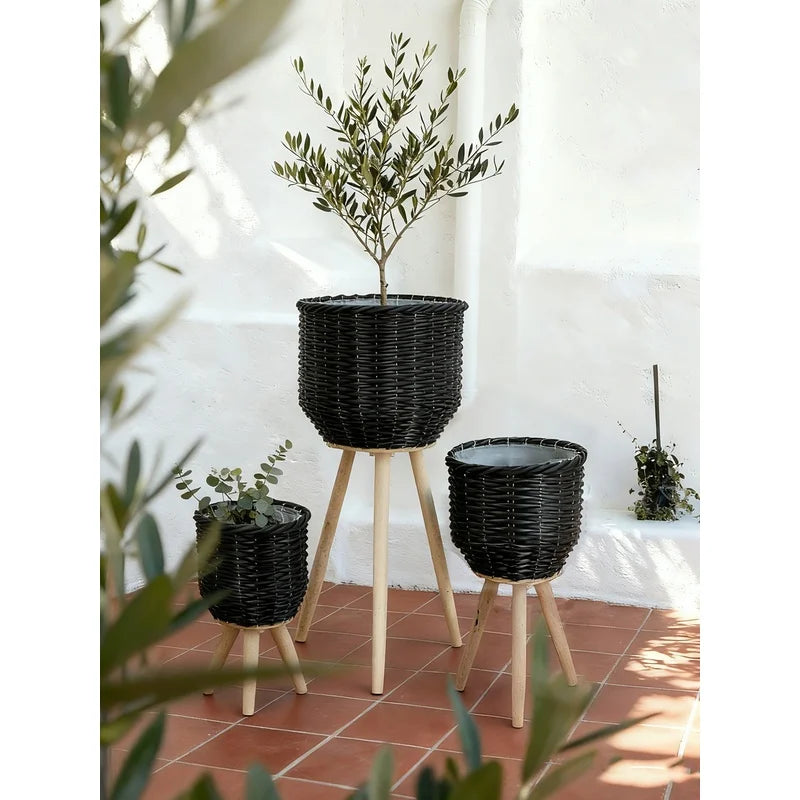 3 Black Poly Rattan Baskets with Rope Texture