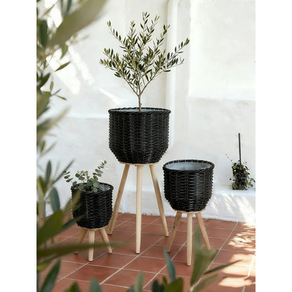 3 Black Poly Rattan Baskets with Rope Texture