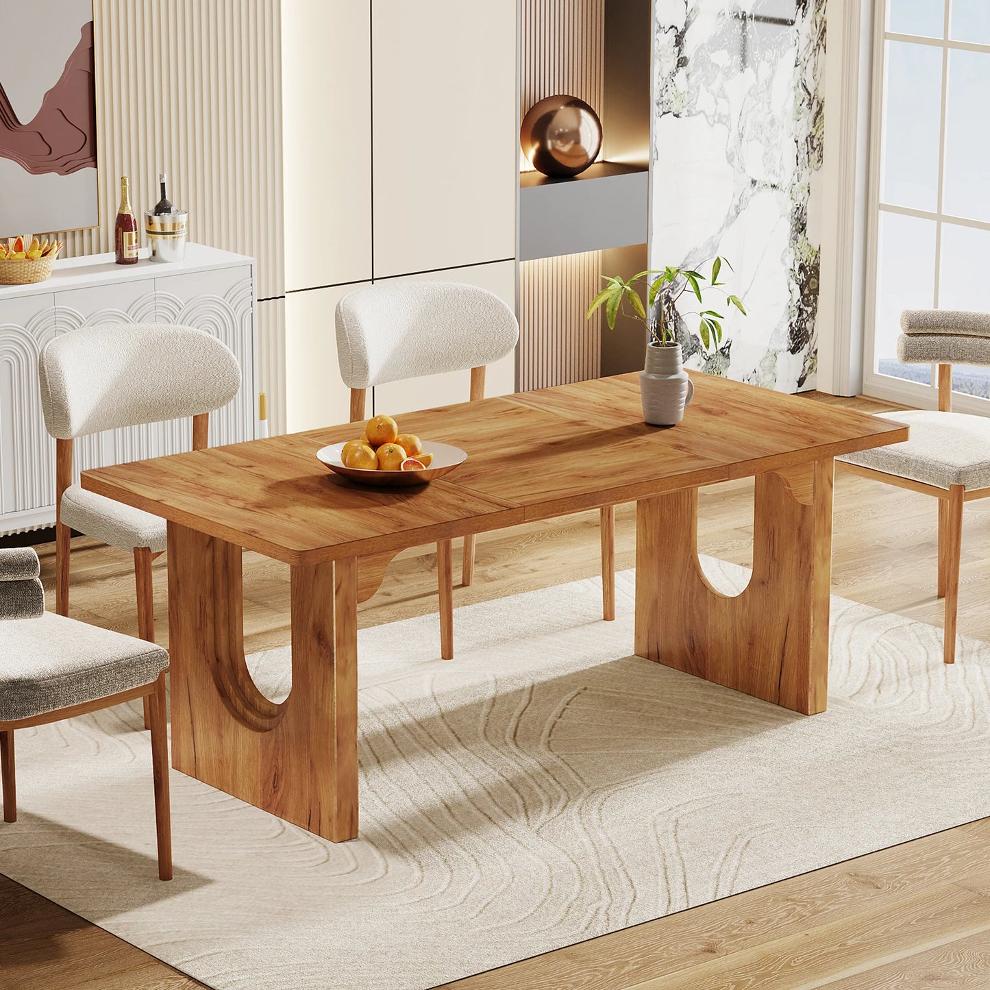 Modern Dining Table with Wood Pedestal Base,