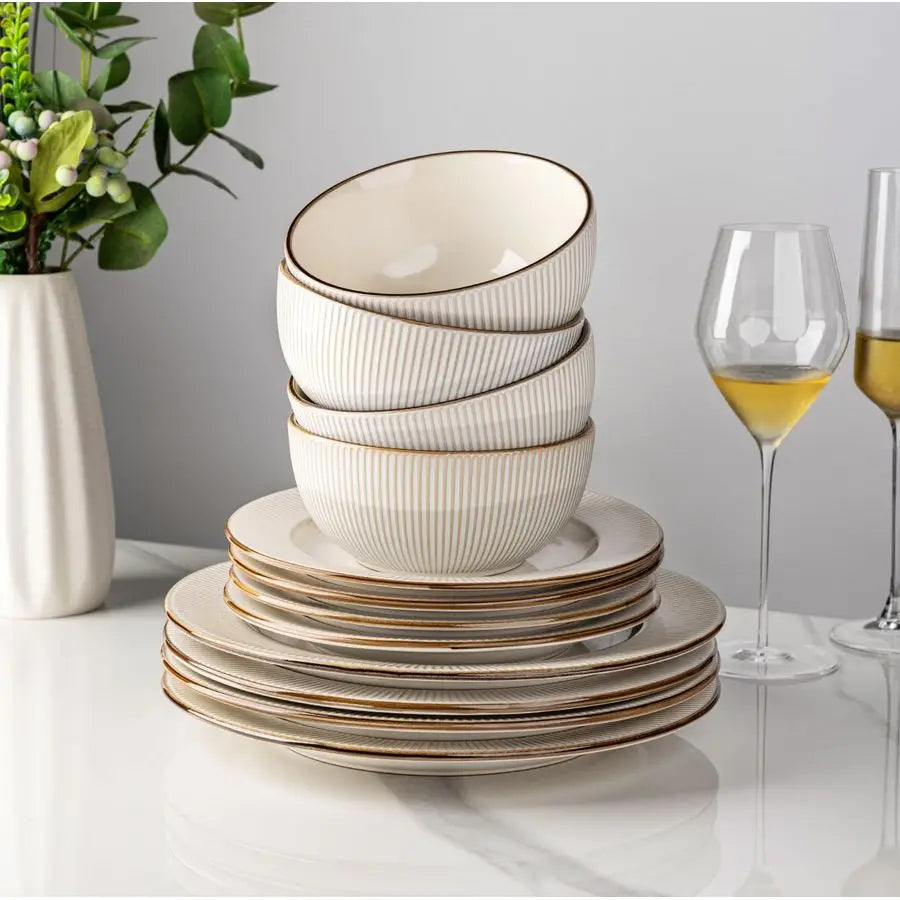 12 pcs Embossed Elegant Stoneware Plates and Bowls Sets