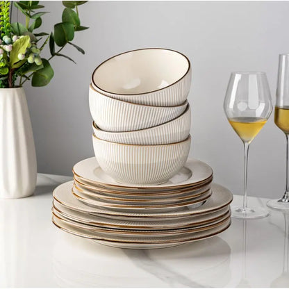 12 pcs Embossed Elegant Stoneware Plates and Bowls Sets