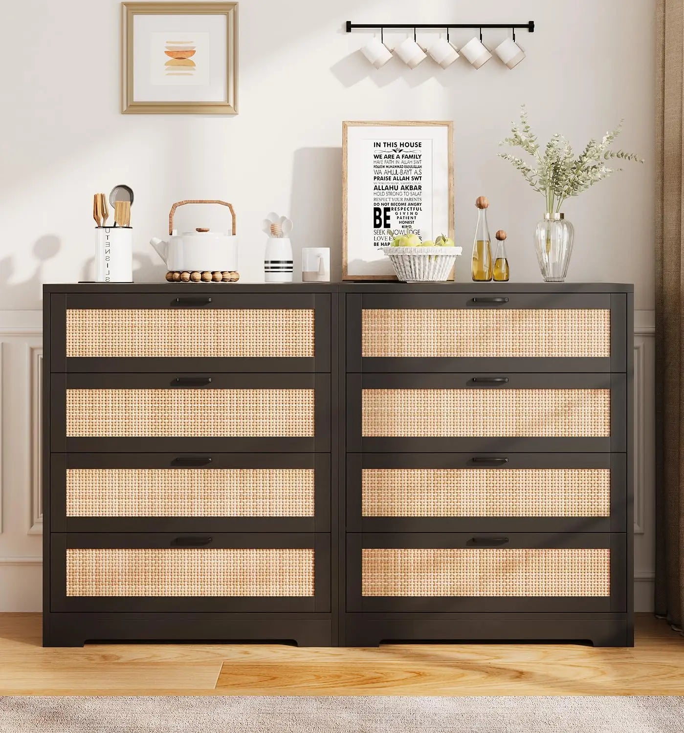 4 Drawer Wooden Rattan Dresser