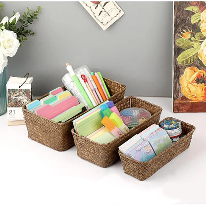 3 Natural Wicker Basket Set Handwoven Seagrass