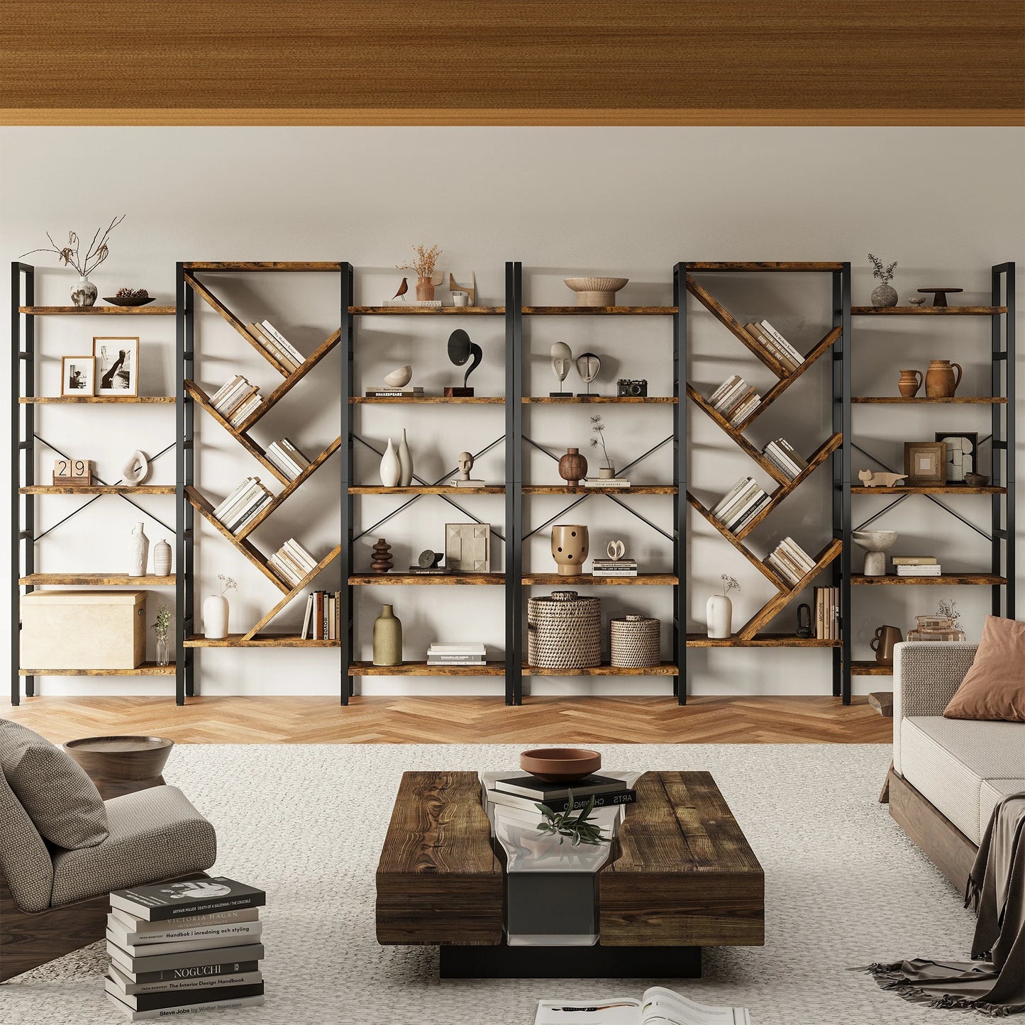 Triple 5 Tier Bookshelf Large Wooden Bookcase