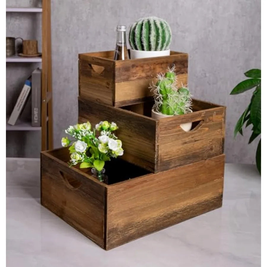 Set of 3 Rustic Distressed Wood Nesting Crates