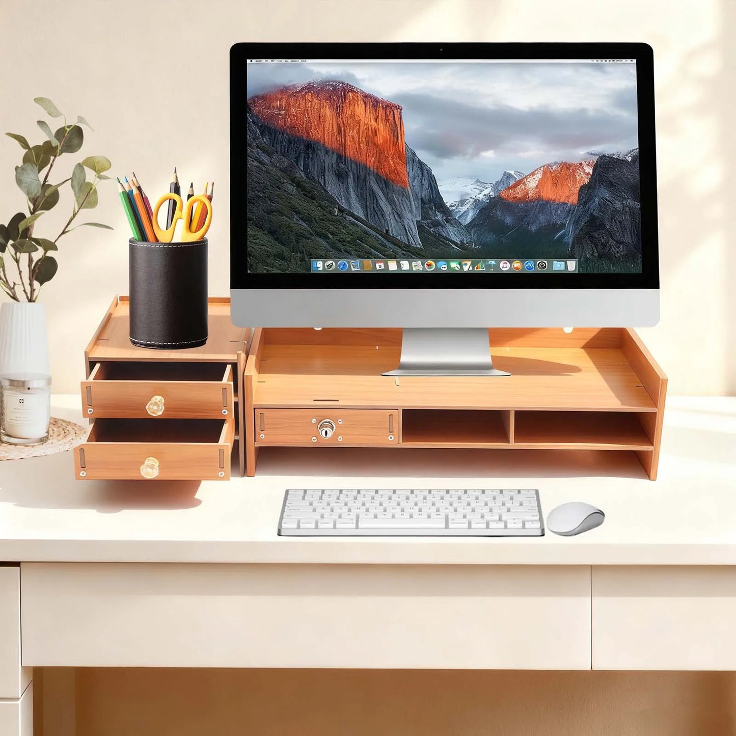 Wooden Computer Monitor Stand with Lockable Drawer