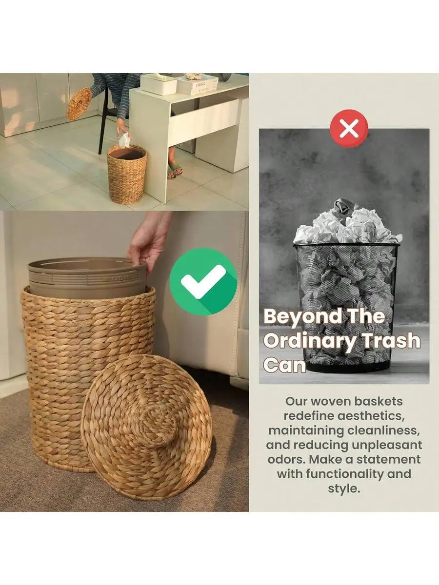 Water Hyacinth Wicker Trash Can With Lid
