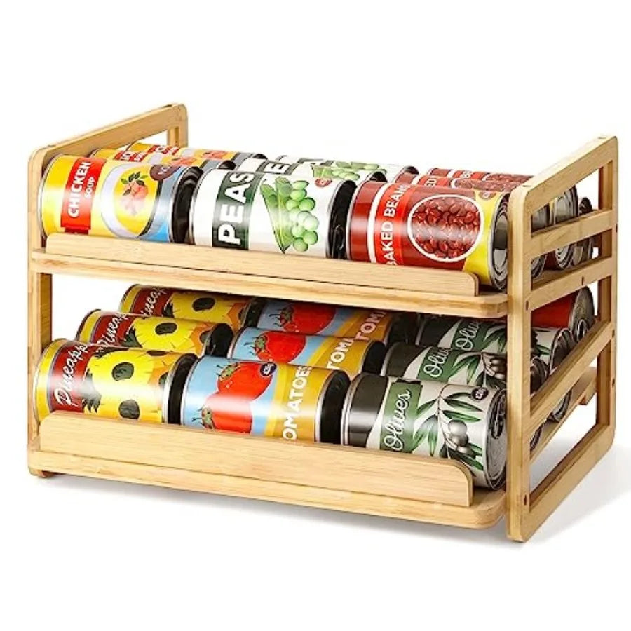 Double-Layer Rolling Bamboo Can Organizer Rack