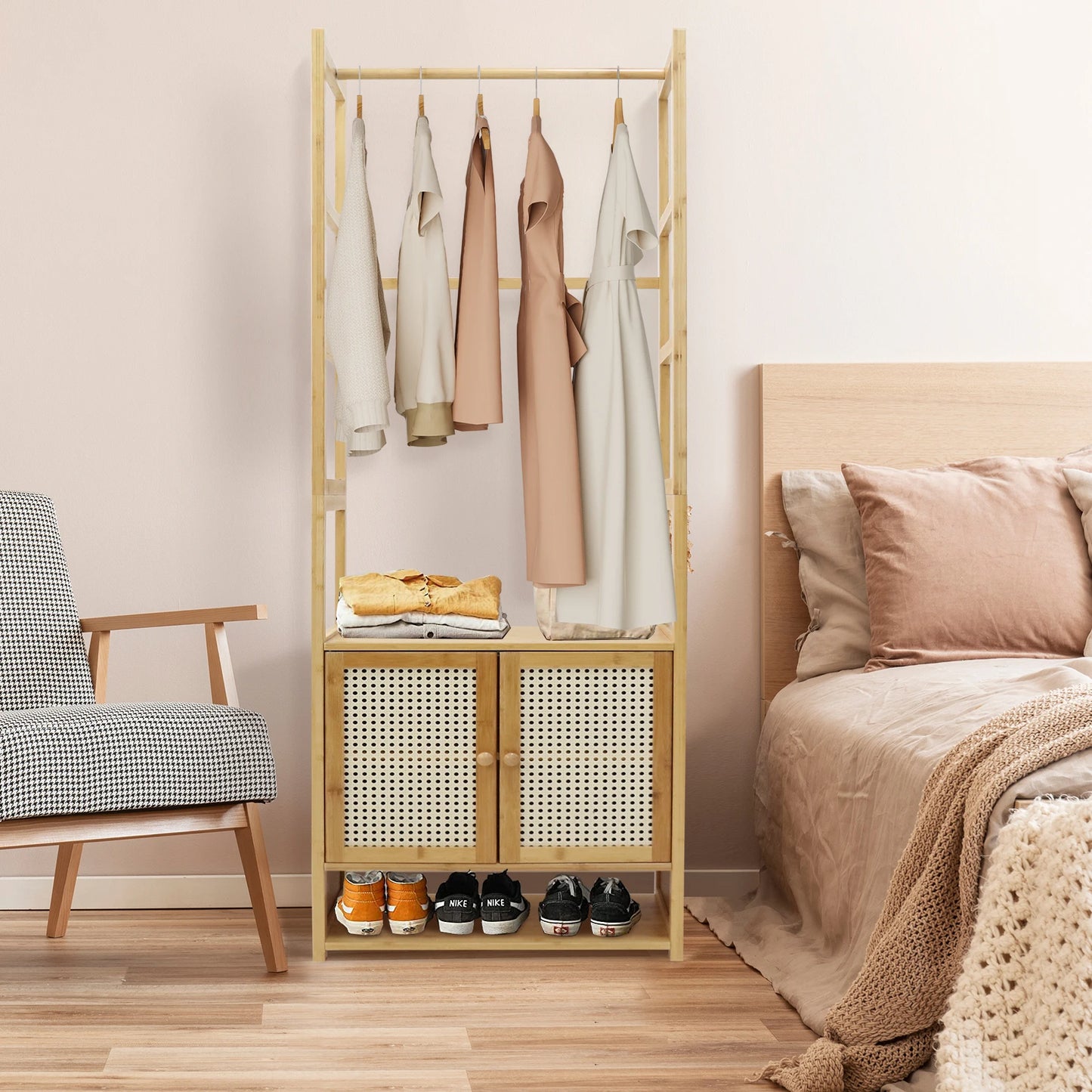 Bamboo Open Garment Rack with Storage Shelves