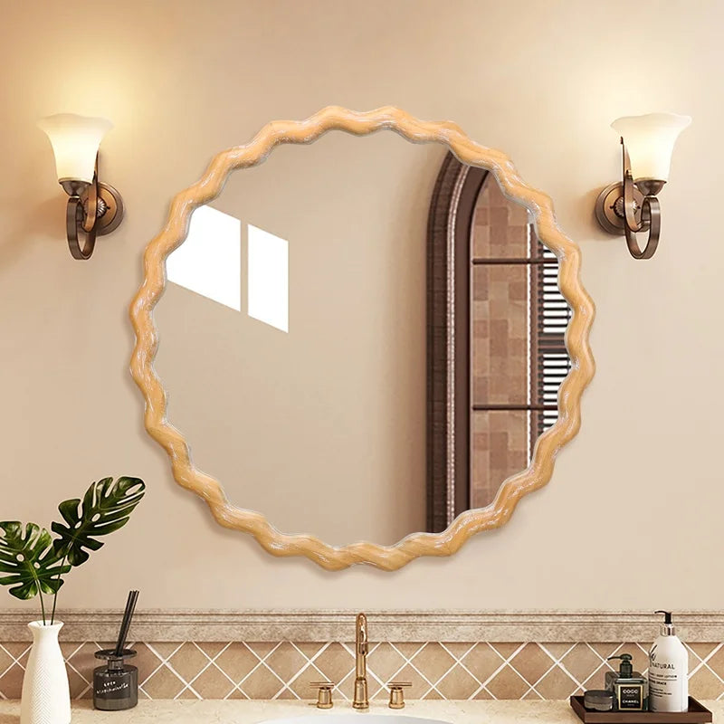 27.5" Round Wavy Mirror with Whitewashed Frame