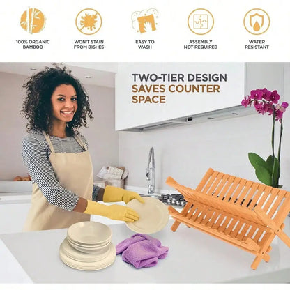 Collapsible 2Tier Bamboo Dish Rack For Kitchen Counter