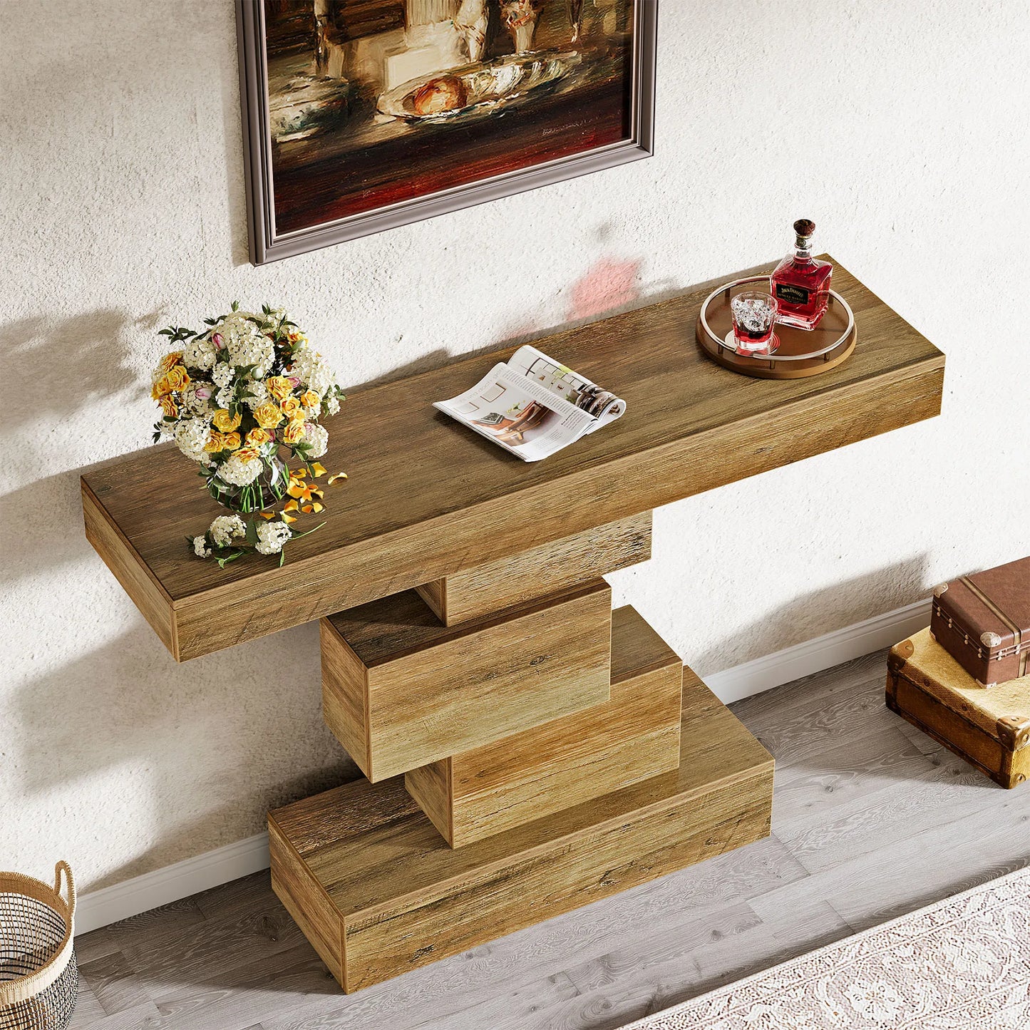 Console Table Narrow Wood  with Geometric Base