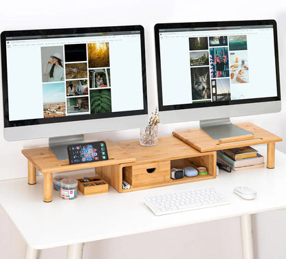 Adjustable Bamboo Monitor Stand with Drawer