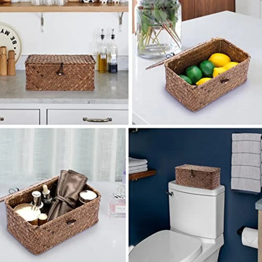 Wicker Shelf Baskets Bin with Lid