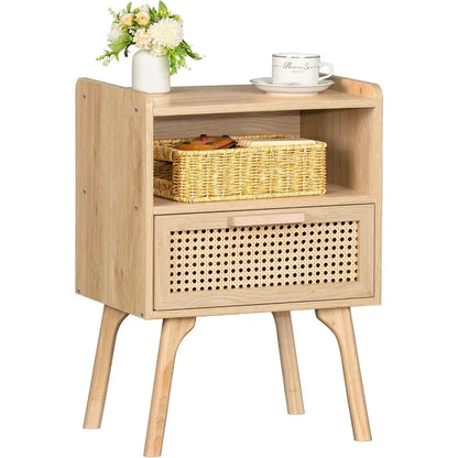 Rattan Nightstand with Drawer and Open Shelf