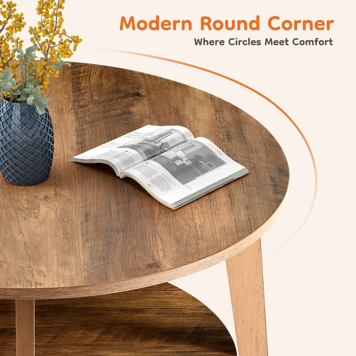 Wood Round Coffee Table for Living Room with Storage